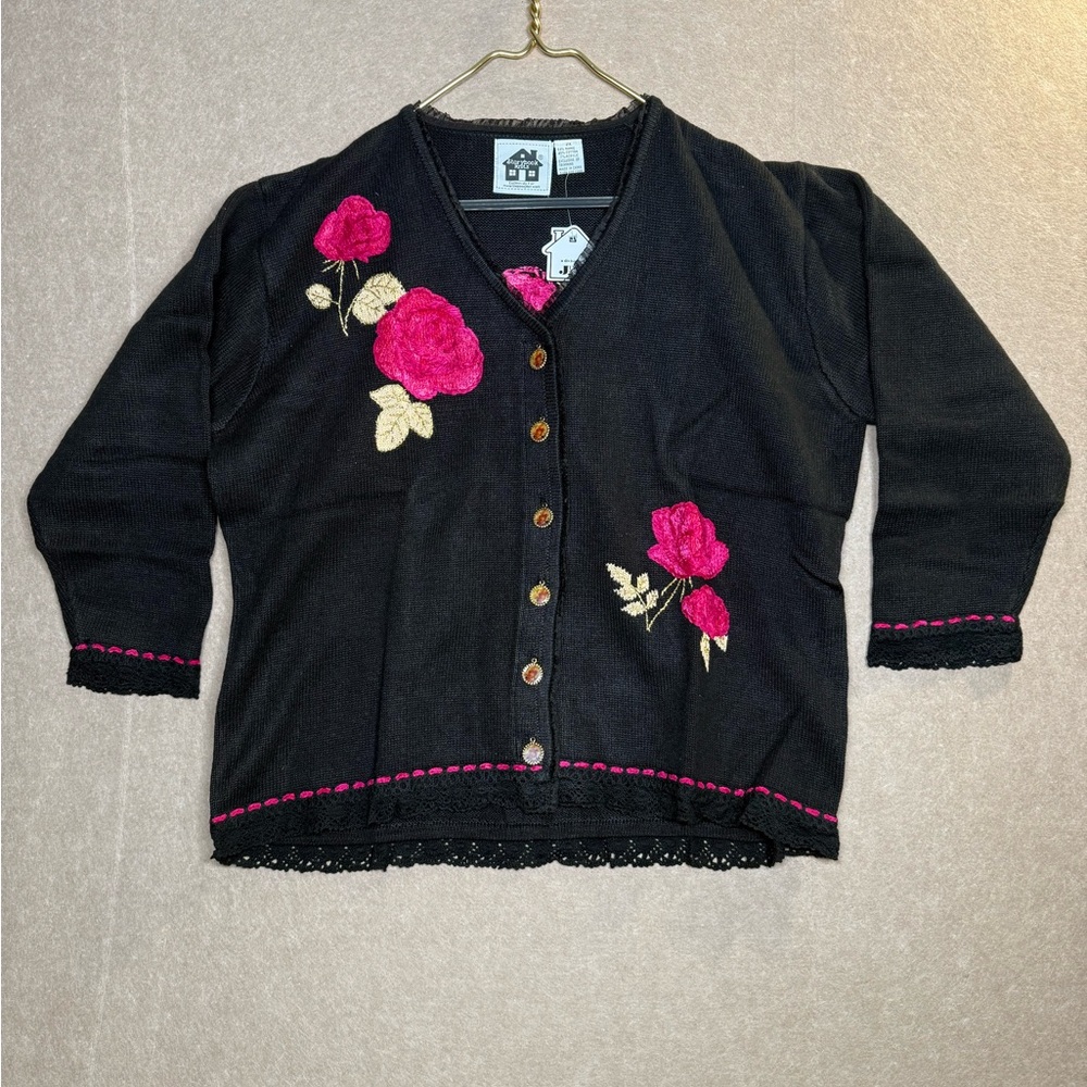 Vintage Storybook Knits Sweater Womens 2X ROSE Cardigan Black 90s